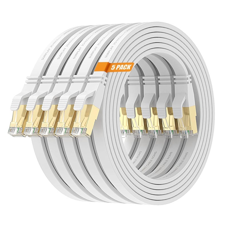 Surplay Cat8 10FT-5Pack Ethernet Cable,White-40Gbps Internet Network Cord,High Speed Gold-Plated RJ45 Double Shielded with Ground Wire & Cable-Tie for PS5/4,PC,Xbox,Hub,Router - Image 1